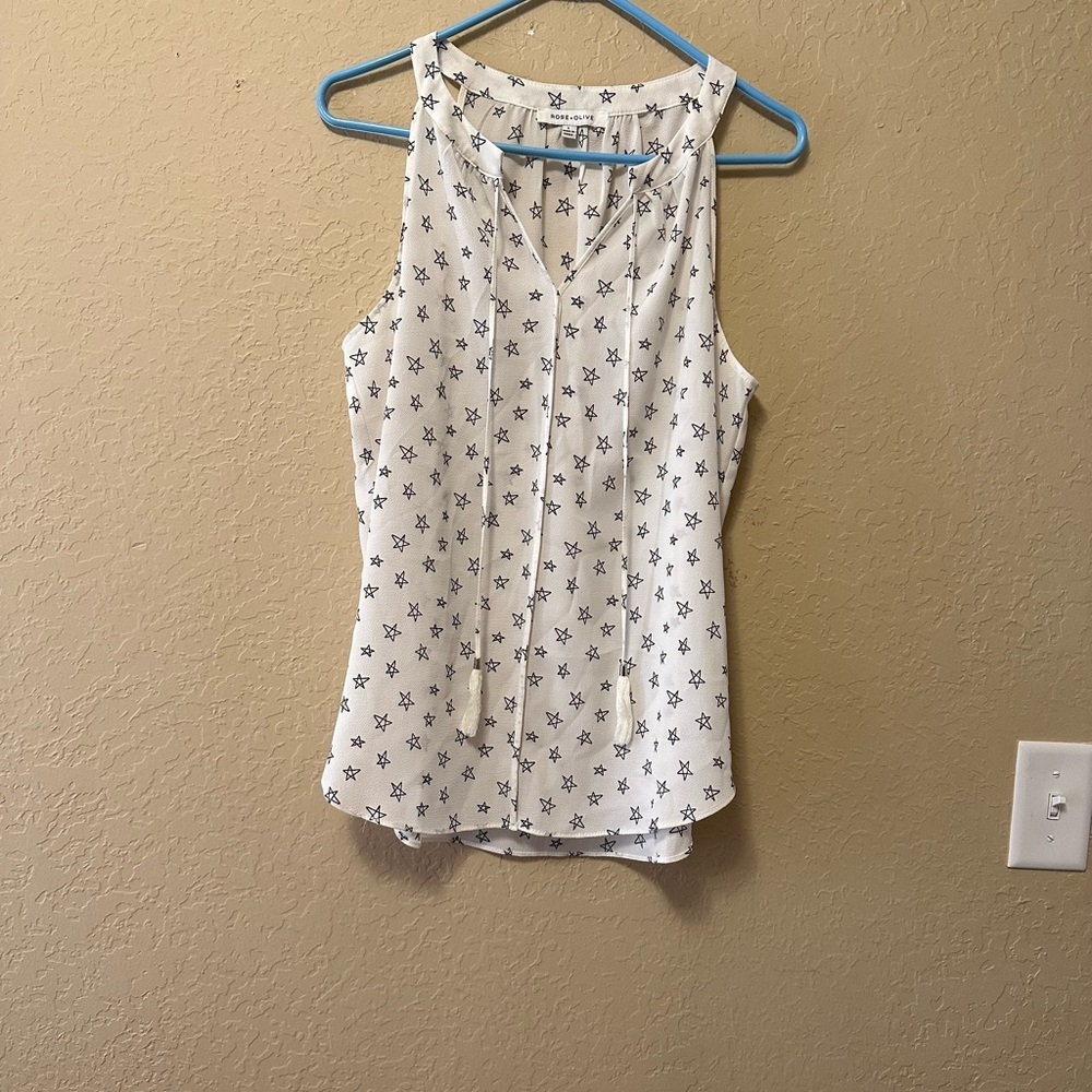 Rose & Olive White and Blue Sleeveless Blouse with Stars Large Summer Celestial